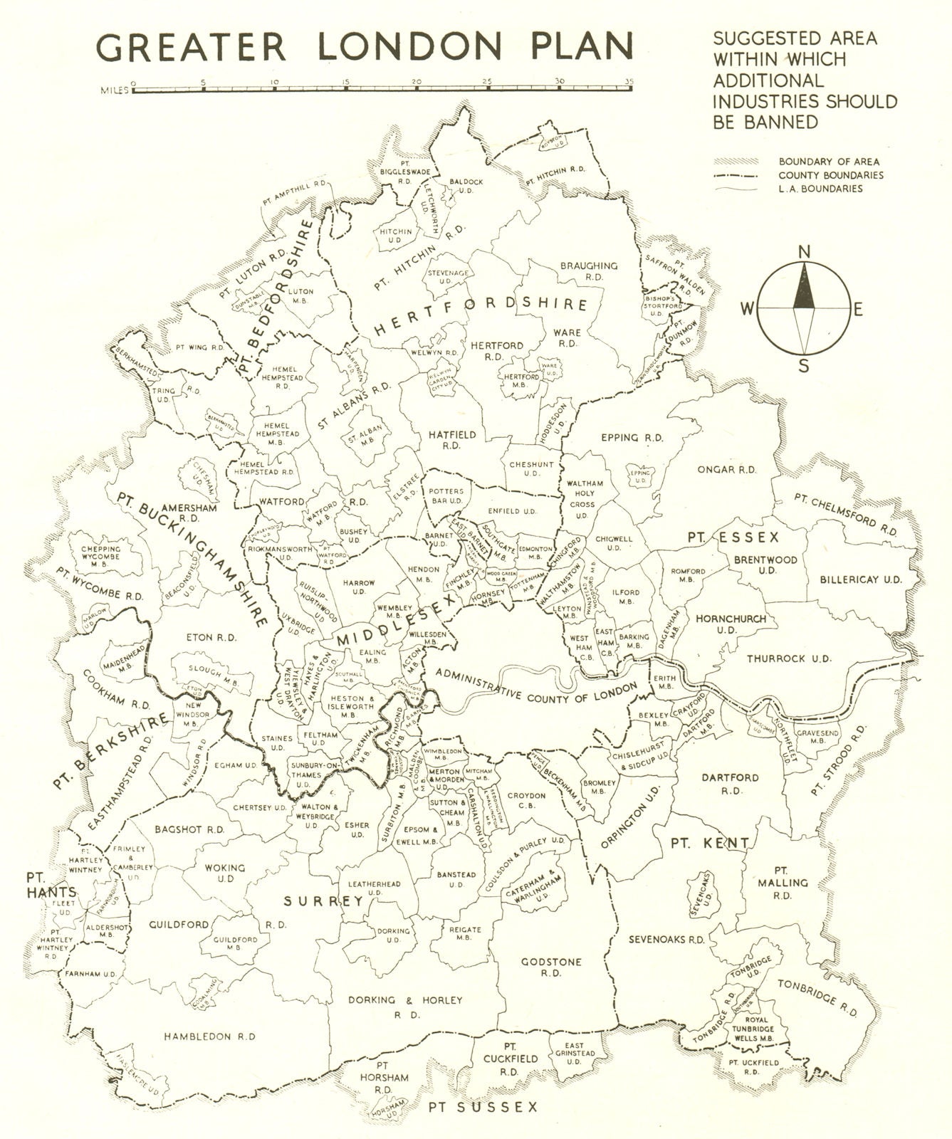 GREATER LONDON. Proposed area to ban additional industry. ABERCROMBIE 1944 map